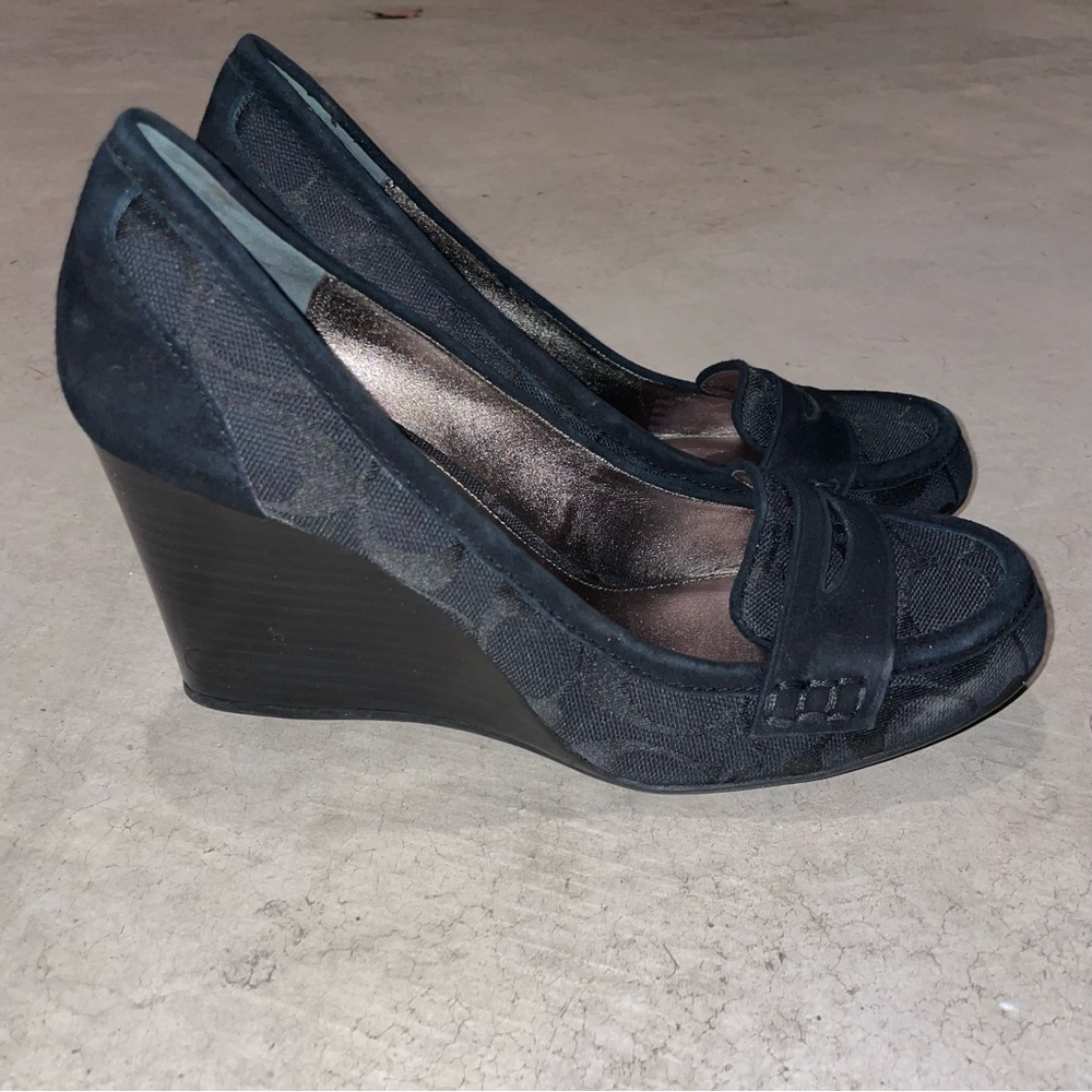 COACH Black Nela Wedge Canvas Suede Penny Loafer Heels Size 7.5B